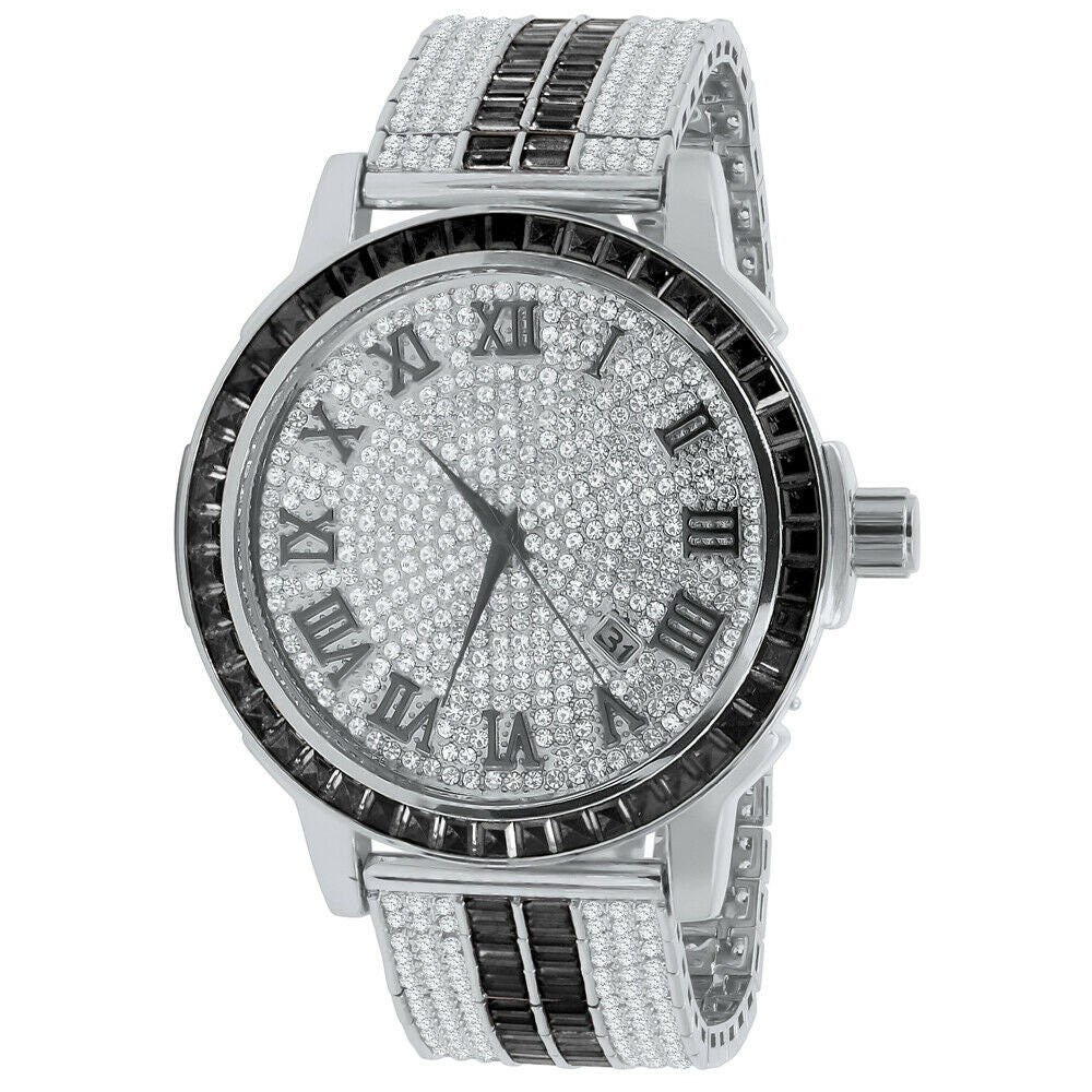 Roman Face Exclusive Custom Watch Mens Black Onyx Simulated Diamond Dial Solid Steel Custom Bezel Band 18K Gold Tone