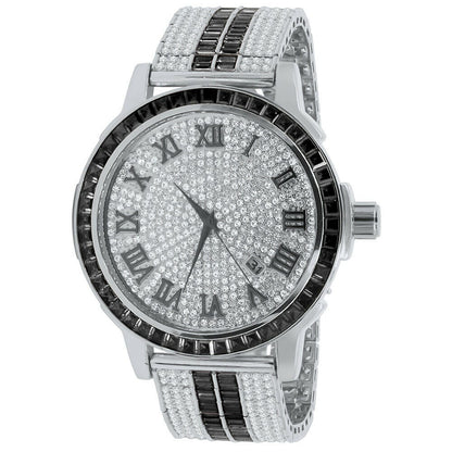 Roman Face Exclusive Custom Watch Mens Black Onyx Simulated Diamond Dial Solid Steel Custom Bezel Band 18K Gold Tone