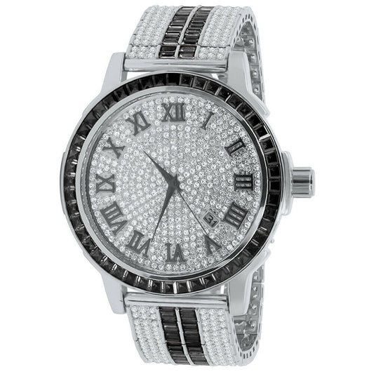 Roman Face Exclusive Custom Watch Mens Black Onyx Simulated Diamond Dial Solid Steel Custom Bezel Band 18K Gold Tone