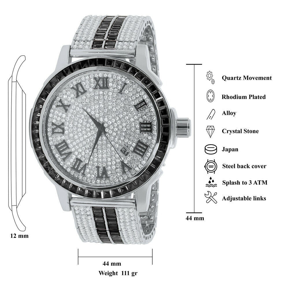 Roman Face Exclusive Custom Watch Mens Black Onyx Simulated Diamond Dial Solid Steel Custom Bezel Band 18K Gold Tone
