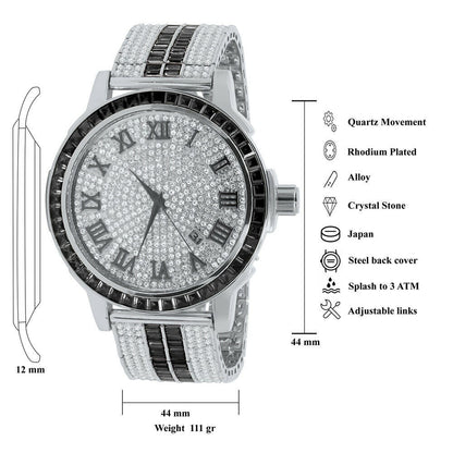 Roman Face Exclusive Custom Watch Mens Black Onyx Simulated Diamond Dial Solid Steel Custom Bezel Band 18K Gold Tone