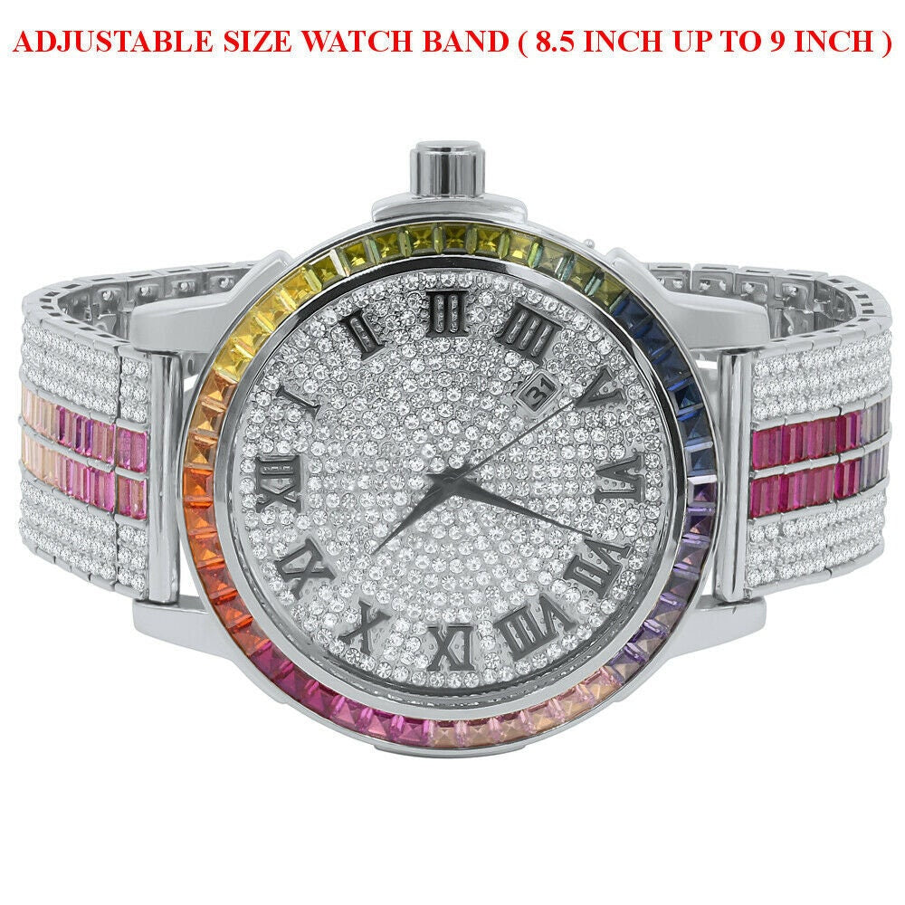 18K White Gold Finish Roman Face Rainbow Multi Dial Solid Steel Bezel Lab Diamond Watch W/Date
