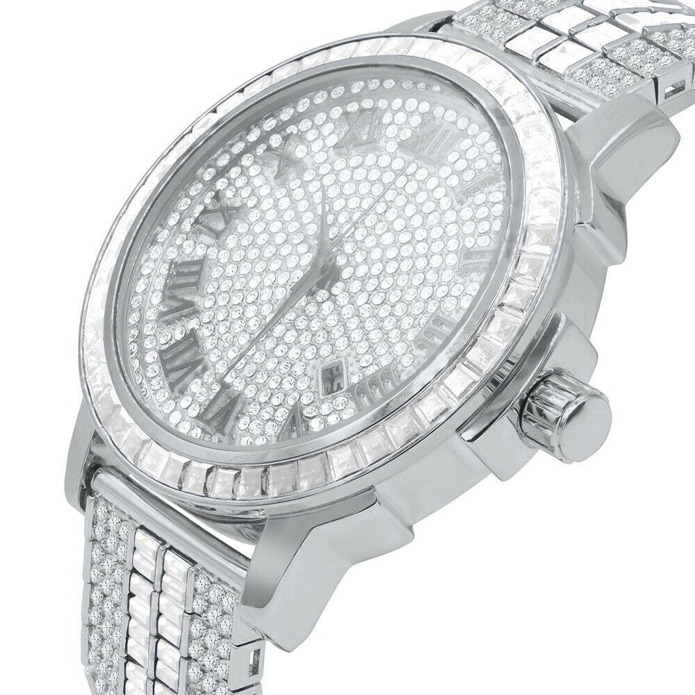 Mens 18K White Gold Finish Simulated Diamonds Adjustable Custom Band Watch Solid Steel Baguette Solitaire Bezel W/Date
