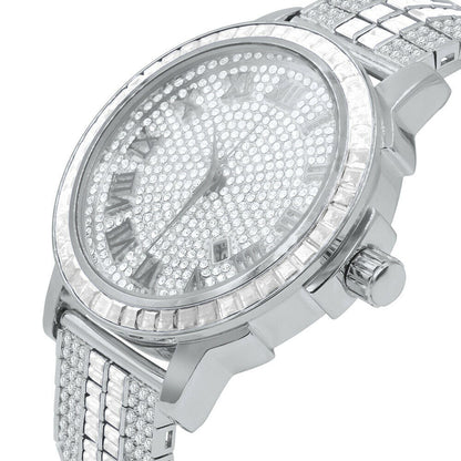 Mens 18K White Gold Finish Simulated Diamonds Adjustable Custom Band Watch Solid Steel Baguette Solitaire Bezel W/Date