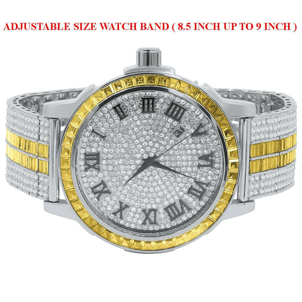 Solid Stainless Steel Bezel Lemonade Canary White Gold Finish Lab  Diamond Dial Gold Finish Custom Band Watch W/Date