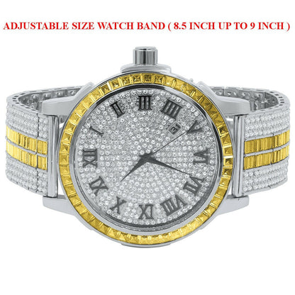 Solid Stainless Steel Bezel Lemonade Canary White Gold Finish Lab  Diamond Dial Gold Finish Custom Band Watch W/Date