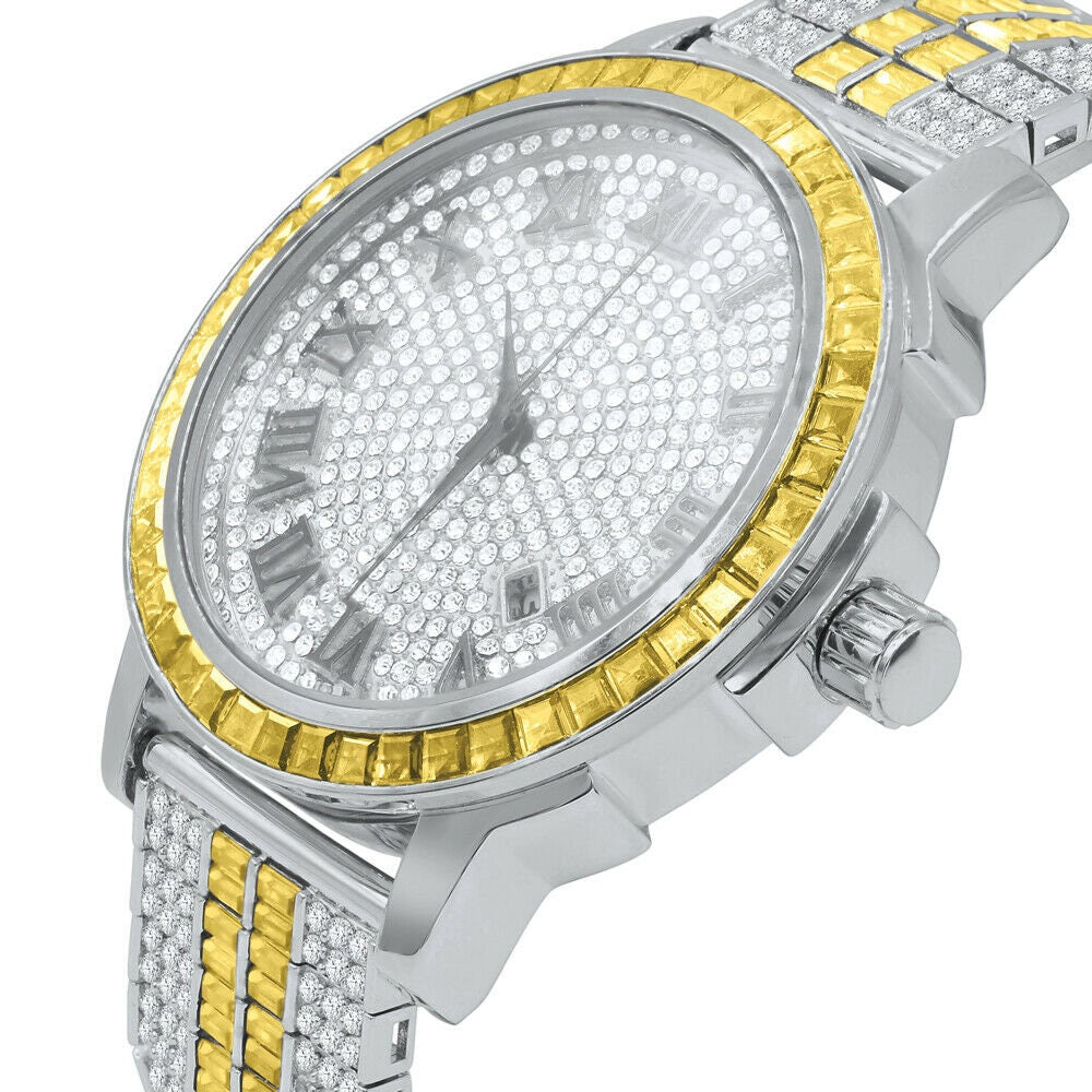 Solid Stainless Steel Bezel Lemonade Canary White Gold Finish Lab  Diamond Dial Gold Finish Custom Band Watch W/Date