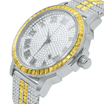 Solid Stainless Steel Bezel Lemonade Canary White Gold Finish Lab  Diamond Dial Gold Finish Custom Band Watch W/Date