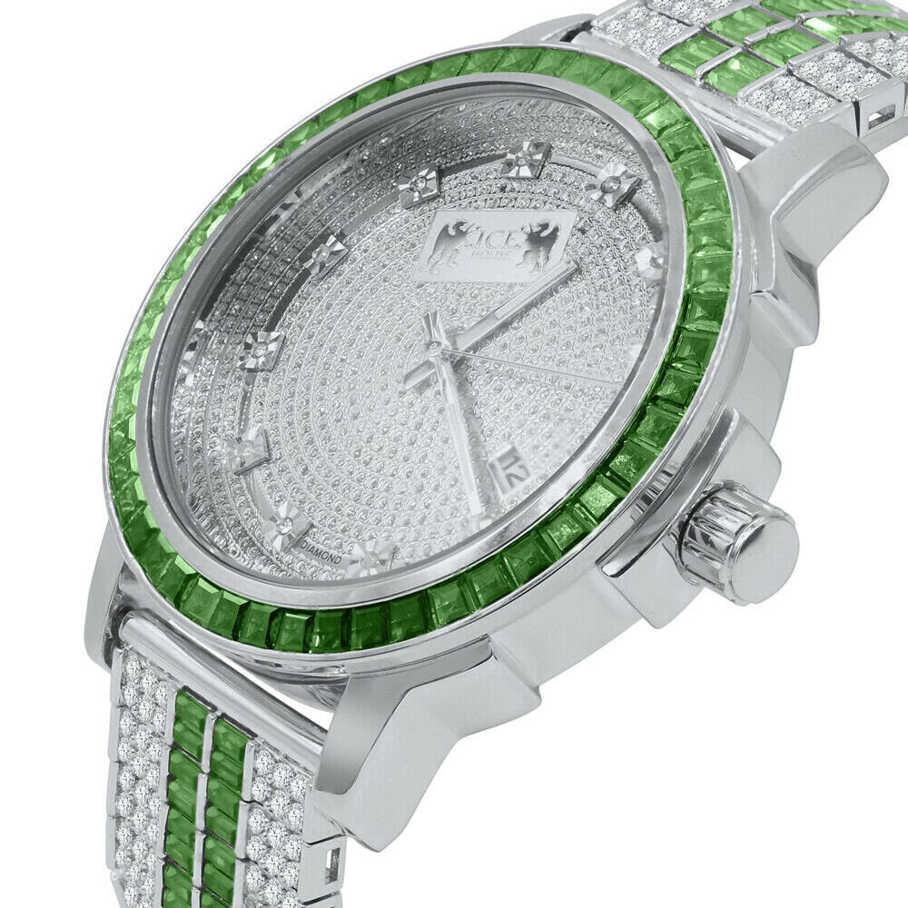 Solid Stainless Steel Baguette Solitaire Bezel Adjustable Custom Band Watch Emerald Green 18K White Gold finish
