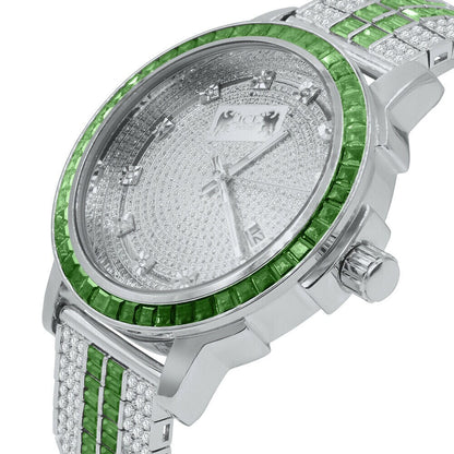 Solid Stainless Steel Baguette Solitaire Bezel Adjustable Custom Band Watch Emerald Green 18K White Gold finish