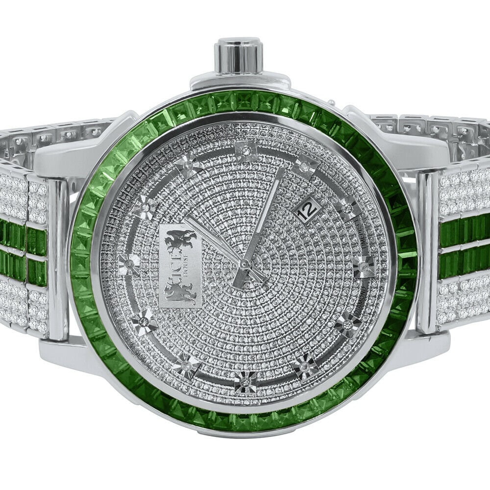 Solid Stainless Steel Baguette Solitaire Bezel Adjustable Custom Band Watch Emerald Green 18K White Gold finish