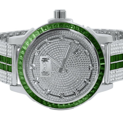 Solid Stainless Steel Baguette Solitaire Bezel Adjustable Custom Band Watch Emerald Green 18K White Gold finish