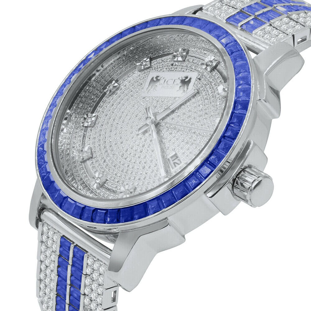 Genuine Real Diamond Dial Sapphire Blue White Gold Tone Mens Watch W/Date Adjustable Custom Band Stainless Steel Baguette Bezel