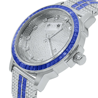 Genuine Real Diamond Dial Sapphire Blue White Gold Tone Mens Watch W/Date Adjustable Custom Band Stainless Steel Baguette Bezel