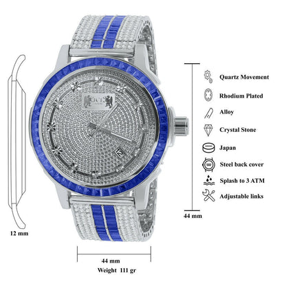 Genuine Real Diamond Dial Sapphire Blue White Gold Tone Mens Watch W/Date Adjustable Custom Band Stainless Steel Baguette Bezel