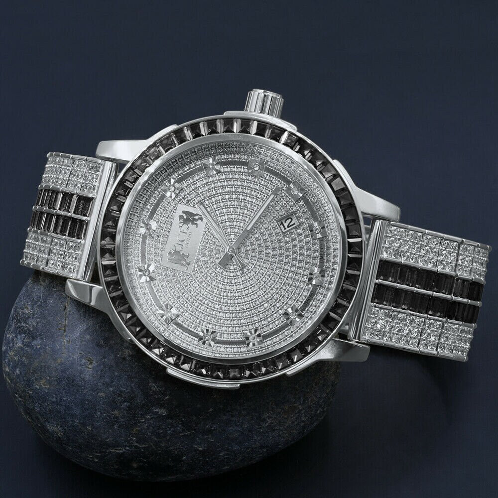 Exclusive Custom Watch Mens Black Onyx Real Diamond Dial Solid Steel Custom Bezel Band 18K White Gold Tone