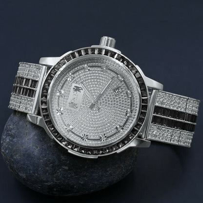 Exclusive Custom Watch Mens Black Onyx Real Diamond Dial Solid Steel Custom Bezel Band 18K White Gold Tone