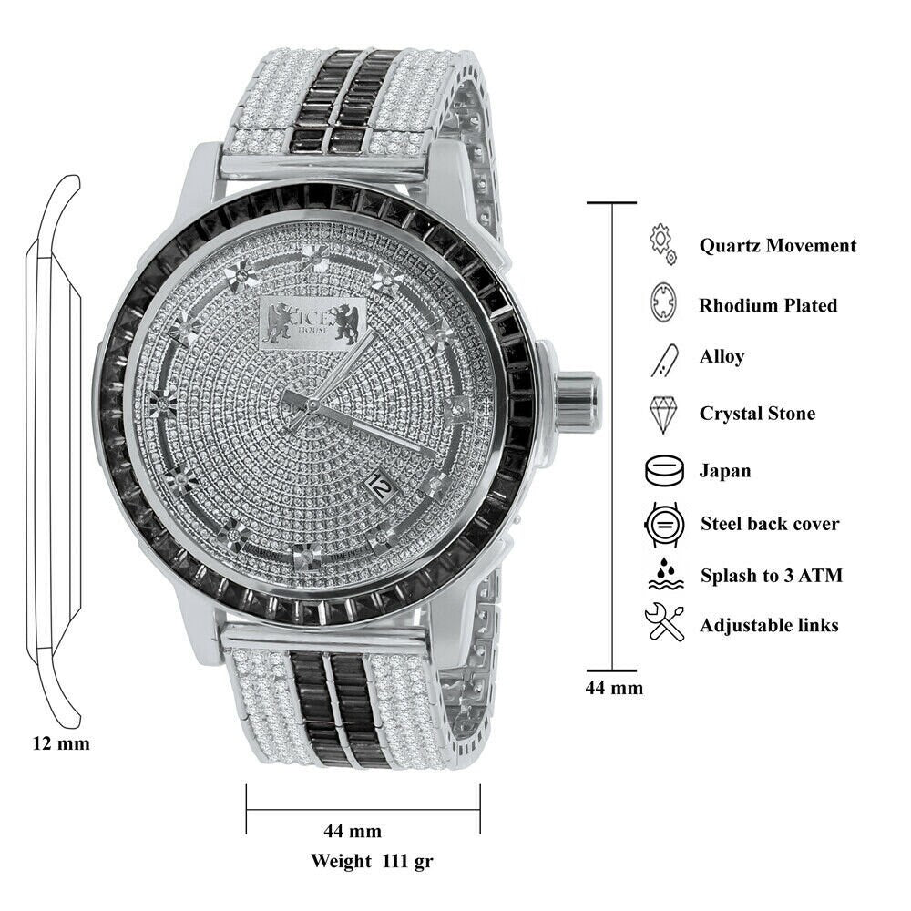 Exclusive Custom Watch Mens Black Onyx Real Diamond Dial Solid Steel Custom Bezel Band 18K White Gold Tone