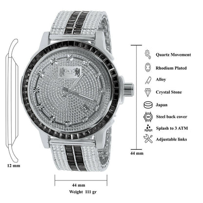 Exclusive Custom Watch Mens Black Onyx Real Diamond Dial Solid Steel Custom Bezel Band 18K White Gold Tone