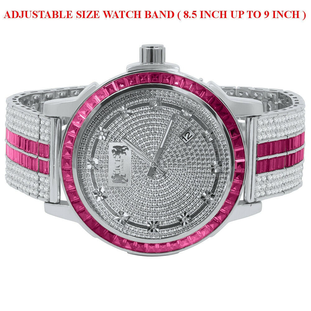 Pink Tourmaline Real Genuine Diamond Dial Stainless Steel Face Custom Bezel White Gold Tone Adjustable Band Watch W/Date