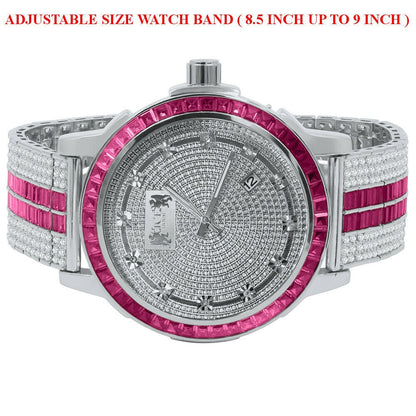 Pink Tourmaline Real Genuine Diamond Dial Stainless Steel Face Custom Bezel White Gold Tone Adjustable Band Watch W/Date