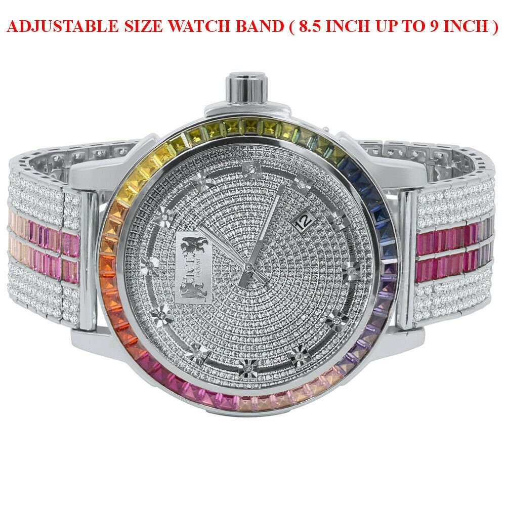 Solid Stainless Steel Bezel White Gold Finish Rainbow Multi Tone Mens Watch Real Diamond Dial W/Date Function