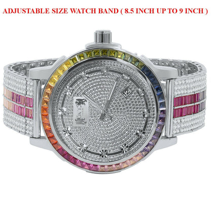 Solid Stainless Steel Bezel White Gold Finish Rainbow Multi Tone Mens Watch Real Diamond Dial W/Date Function
