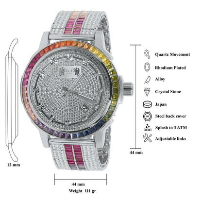 Solid Stainless Steel Bezel White Gold Finish Rainbow Multi Tone Mens Watch Real Diamond Dial W/Date Function