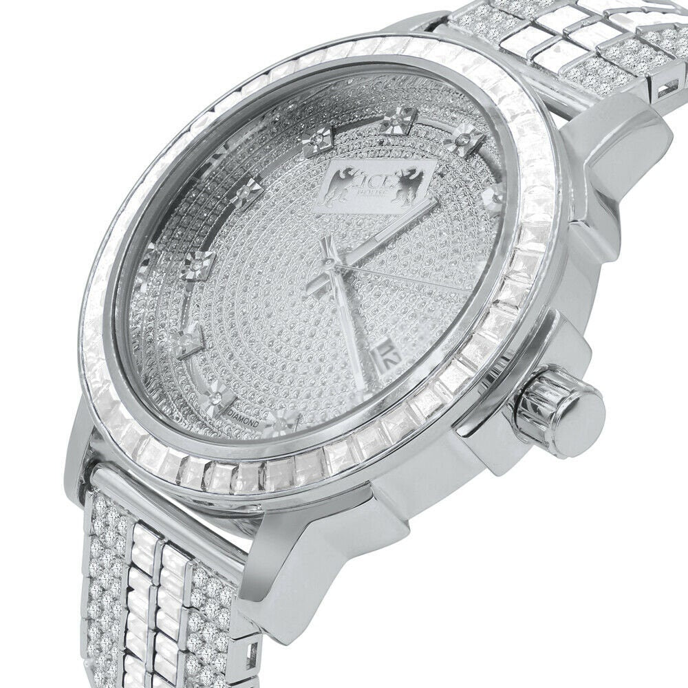 Genuine Diamond Dial Custom Mens Watch 18K White Gold Finish Solid Stainless Steel Bezel W/Date Function Adjustable Band