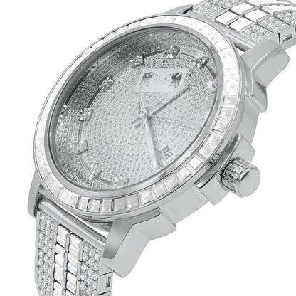 Genuine Diamond Dial Custom Mens Watch 18K White Gold Finish Solid Stainless Steel Bezel W/Date Function Adjustable Band