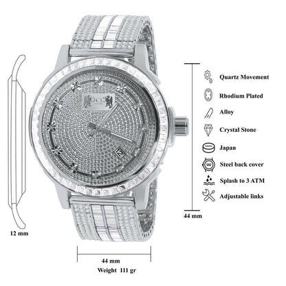 Genuine Diamond Dial Custom Mens Watch 18K White Gold Finish Solid Stainless Steel Bezel W/Date Function Adjustable Band
