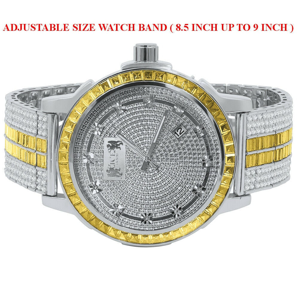 Lemonade Canary 18K White Gold Finish Real Diamond Dial Gold Finish Mens Custom Band Watch W/Date Solid Steel Bezel
