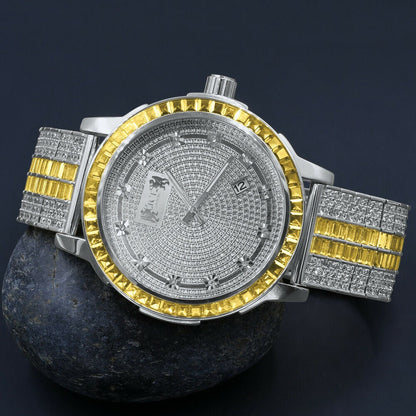 Lemonade Canary 18K White Gold Finish Real Diamond Dial Gold Finish Mens Custom Band Watch W/Date Solid Steel Bezel