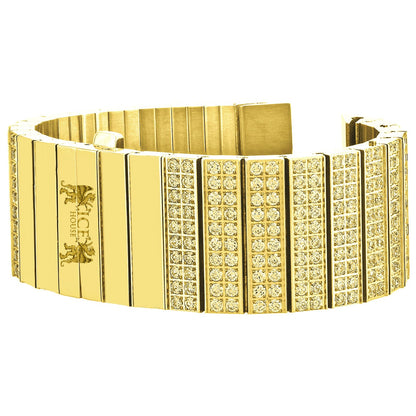 Men's 133+ Grams Solid Stainless Steel 18K Yellow Gold Finish CNC Set 18.00 Cwt. Simulated Diamond Custom Watch Band 24mm