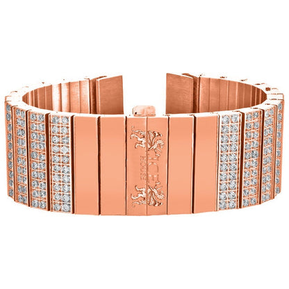 Men's 133+ Grams Solid Stainless Steel 18K Rose Gold Finish CNC Set 18.00 Cwt. Simulated Diamond Custom Watch Band 24mm