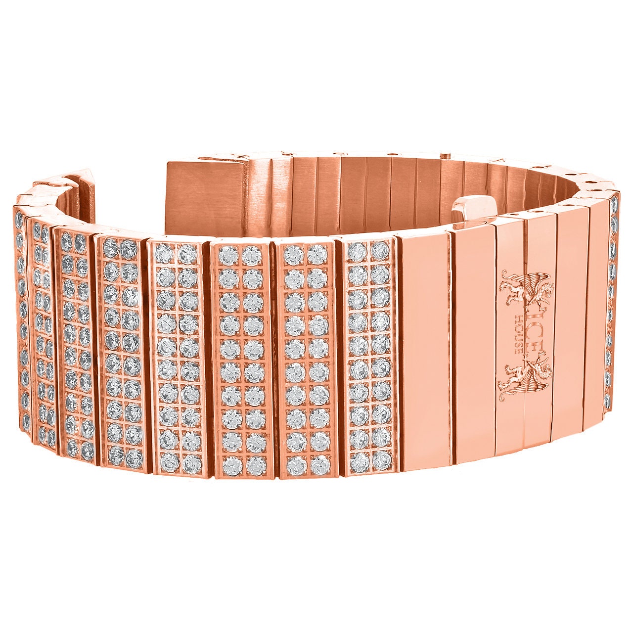 Men's 133+ Grams Solid Stainless Steel 18K Rose Gold Finish CNC Set 18.00 Cwt. Simulated Diamond Custom Watch Band 24mm