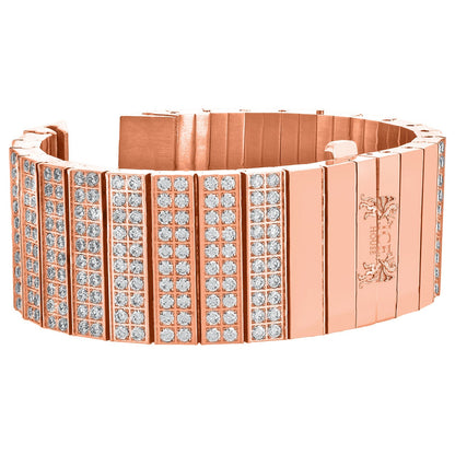 Men's 133+ Grams Solid Stainless Steel 18K Rose Gold Finish CNC Set 18.00 Cwt. Simulated Diamond Custom Watch Band 24mm