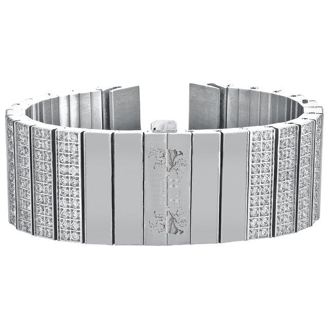 Men's 133+ Grams Solid Stainless Steel 18K White Gold Finish CNC Set 18.00 Cwt. Simulated Diamond Custom Watch Band 24mm