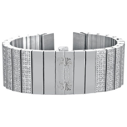 Men's 133+ Grams Solid Stainless Steel 18K White Gold Finish CNC Set 18.00 Cwt. Simulated Diamond Custom Watch Band 24mm