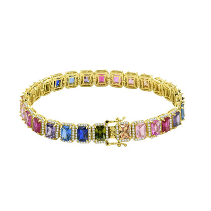 25+ Grams Rainbow Multi Tone 14K Yellow Gold Finish 6.00 Cwt. Simulated Diamonds Solitaire Men's Ladies Tennis Link Bracelet 10mm / 8.5 Inch