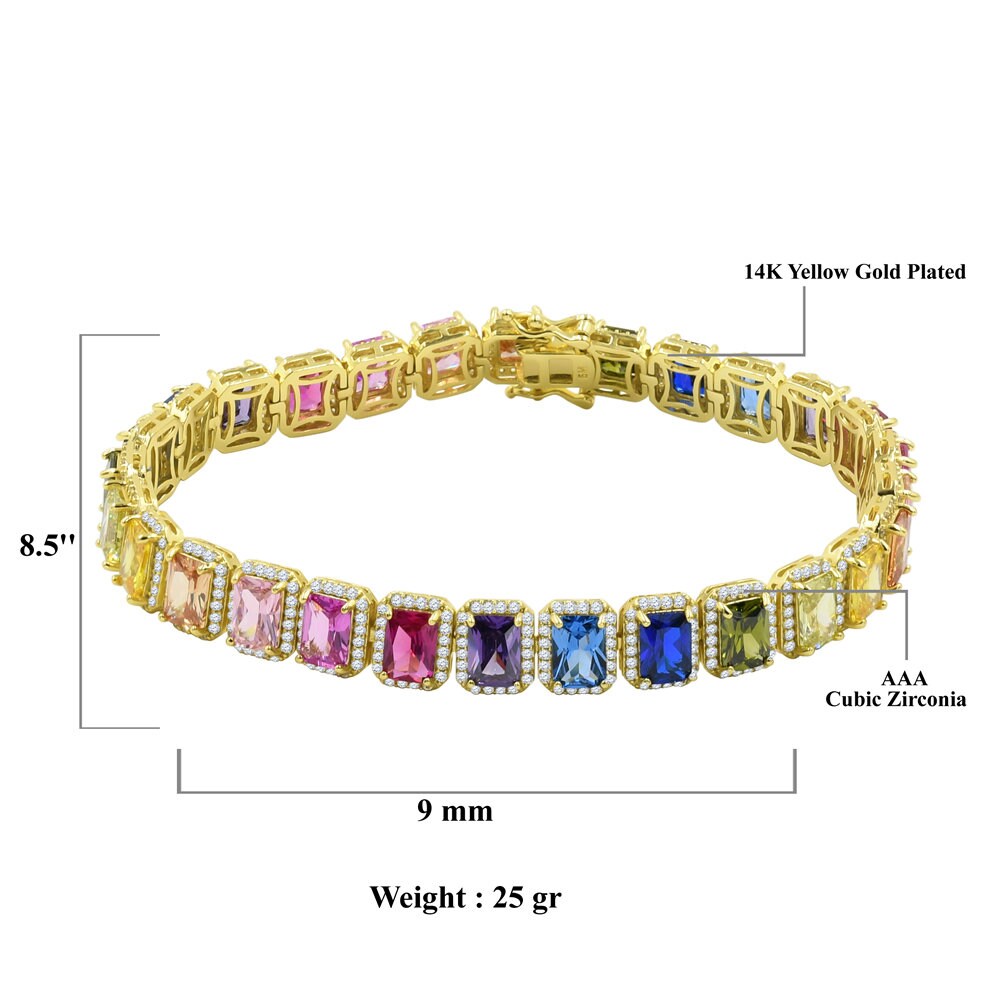 25+ Grams Rainbow Multi Tone 14K Yellow Gold Finish 6.00 Cwt. Simulated Diamonds Solitaire Men's Ladies Tennis Link Bracelet 10mm / 8.5 Inch