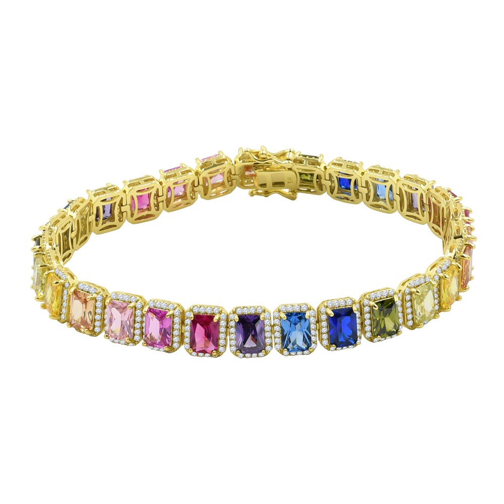 25+ Grams Rainbow Multi Tone 14K Yellow Gold Finish 6.00 Cwt. Simulated Diamonds Solitaire Men's Ladies Tennis Link Bracelet 10mm / 8.5 Inch
