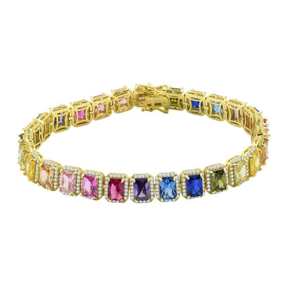 25+ Grams Rainbow Multi Tone 14K Yellow Gold Finish 6.00 Cwt. Simulated Diamonds Solitaire Men's Ladies Tennis Link Bracelet 10mm / 8.5 Inch
