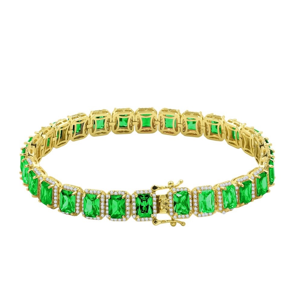 25+ Grams 14K Yellow Gold Finish Emerald Green 6.00 Cwt. Simulated Diamonds Solitaire Men's Ladies Tennis Link Bracelet 10mm / 8.5 Inch