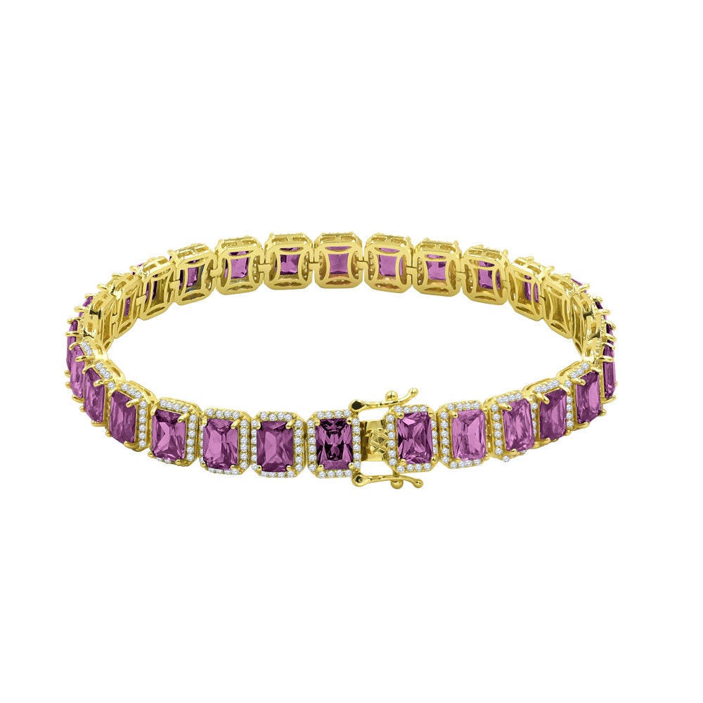 25+ Grams 14K Yellow Gold Over Purple Amethyst 6.00 Cwt. Simulated Diamonds Solitaire Men's Ladies Unisex Tennis Link Bracelet 10mm/8.5 Inch