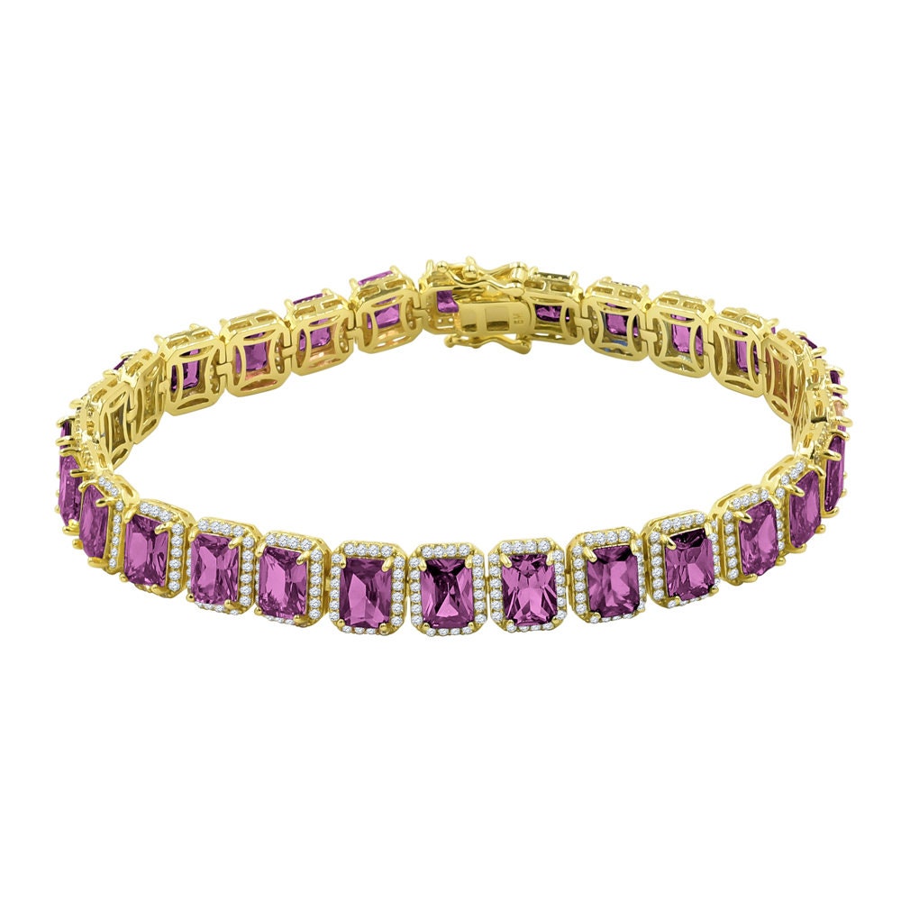 25+ Grams 14K Yellow Gold Over Purple Amethyst 6.00 Cwt. Simulated Diamonds Solitaire Men's Ladies Unisex Tennis Link Bracelet 10mm/8.5 Inch