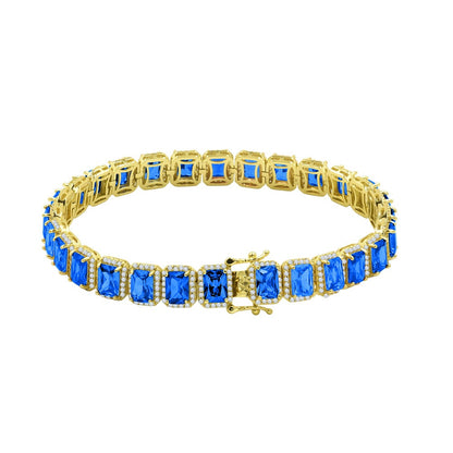 25+ Grams 14K Yellow Gold Over Blue Sapphire 6.00 Cwt. Simulated Diamonds Solitaire Men's Ladies Unisex Tennis Link Bracelet 10mm / 8.5 Inch