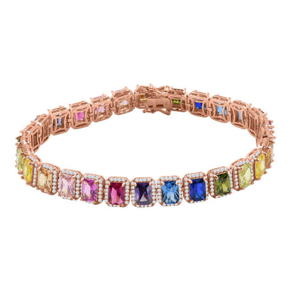 14K Rose Gold Finish Rainbow Multi Tone Simulated Diamonds Solitaire Mens Ladies Bracelet 10mm / 8.5 Inch