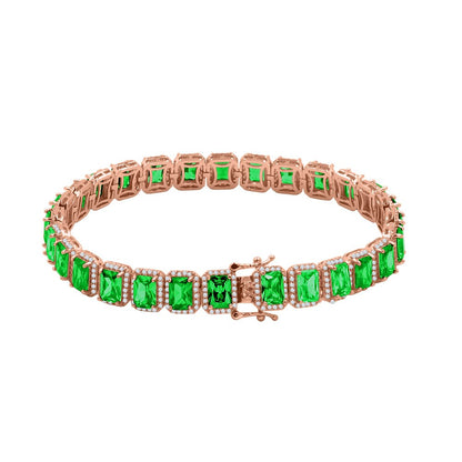 14K Rose Gold Finish Emerald Green Simulated Diamonds Solitaire Mens Ladies Bracelet 10mm / 8.5 Inch