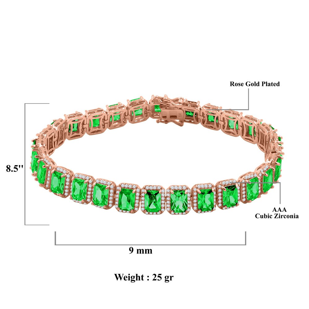 14K Rose Gold Finish Emerald Green Simulated Diamonds Solitaire Mens Ladies Bracelet 10mm / 8.5 Inch